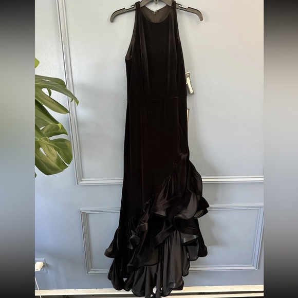 Betsy & Adam Long Velvet Tiered Ruffle Dress Black Size 6 - Picture 3 of 8